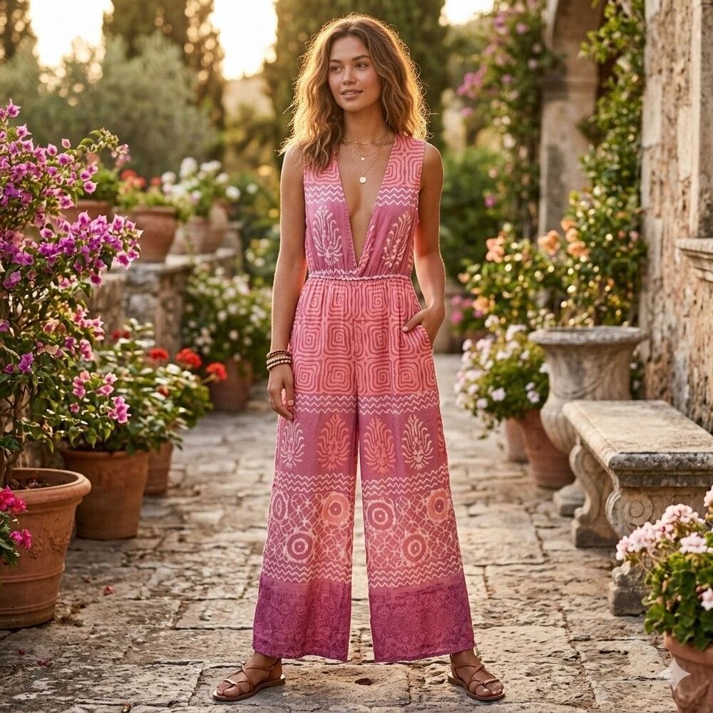 NWT Mira size L 100% cotton Aztec eyelet lace trim jumpsuit.